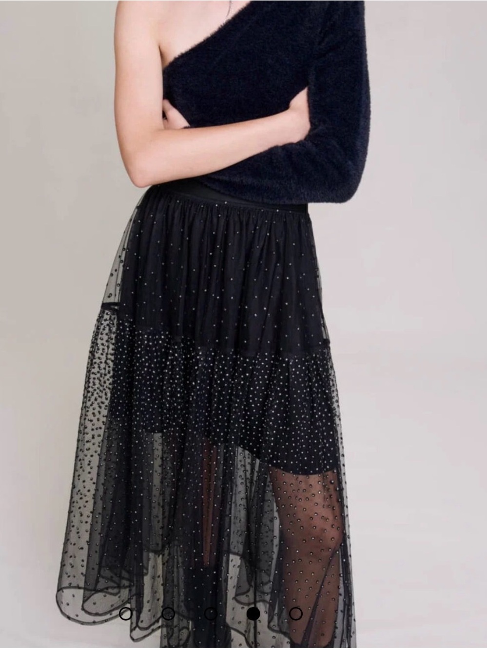 Maje Black Polka-Dot Sheer Midi Skirt